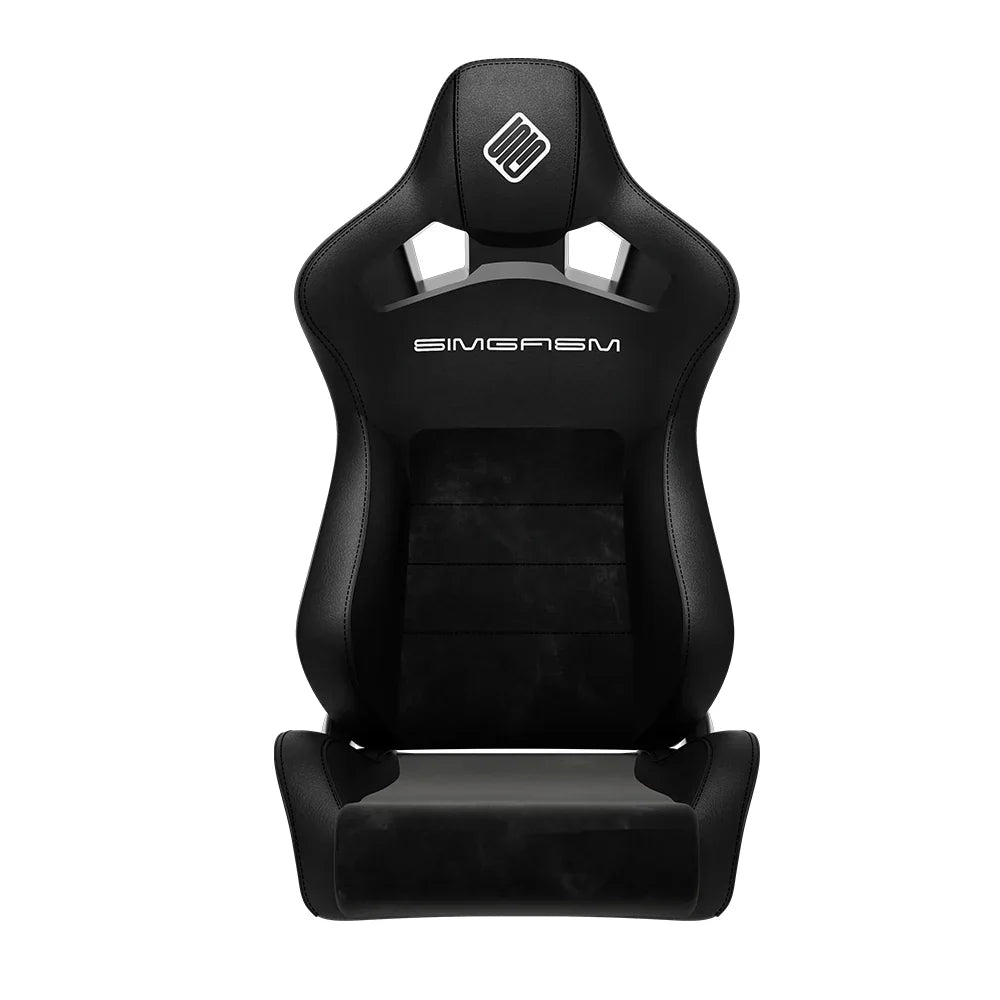 Front view of the black SIMGASM Core reclining seat with fitted cushions