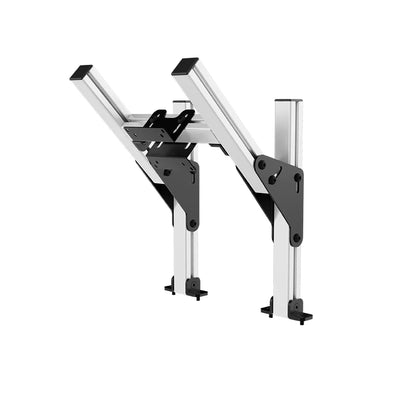 Left three-quarter product view of the white SIMGASM Core top monitor mount with its VESA brackets