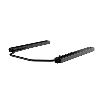 Front three-quarter view of the black dual-locking seat slider set and connecting release bar