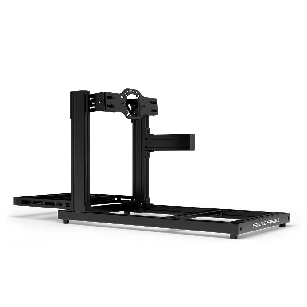 SIMGASM Hobby black sim racing cockpit, front-mount wheel plate, side-profile studio view