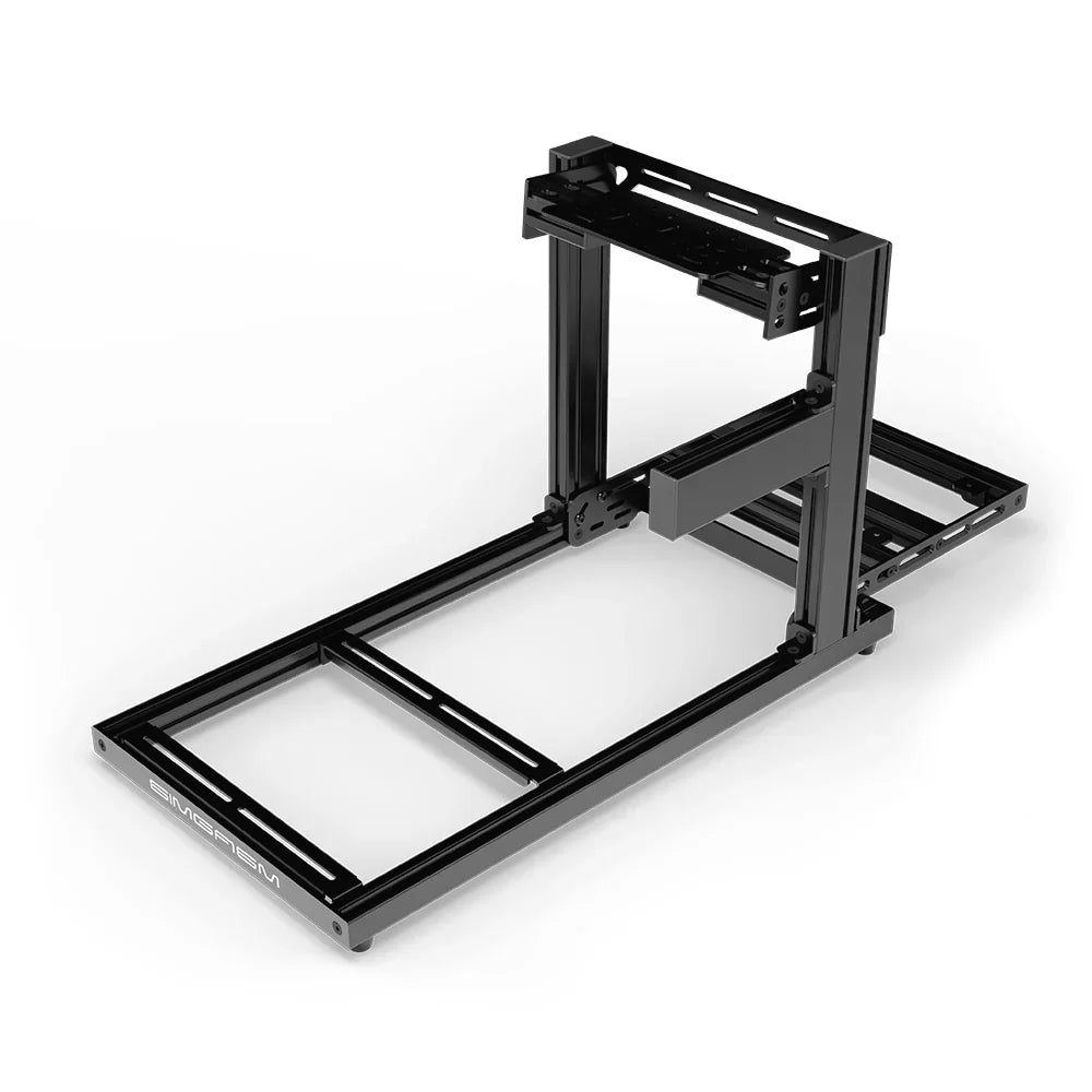 SIMGASM Hobby black sim racing cockpit, bottom-mount wheel deck, shifter-side three-quarter studio view