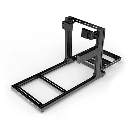 SIMGASM Hobby black sim racing cockpit, side-mount wheel brackets, shifter-side three-quarter studio view