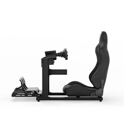 SIMGASM Hobby black sim racing cockpit, black reclining seat and MOZA wheel base, side-profile studio view