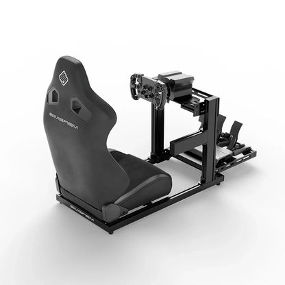 SIMGASM Hobby black sim racing cockpit, black reclining seat and MOZA wheel base, elevated rear angle, wheel right
