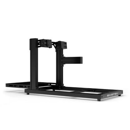 SIMGASM Hobby black sim racing cockpit, side-mount wheel brackets, side-profile studio view