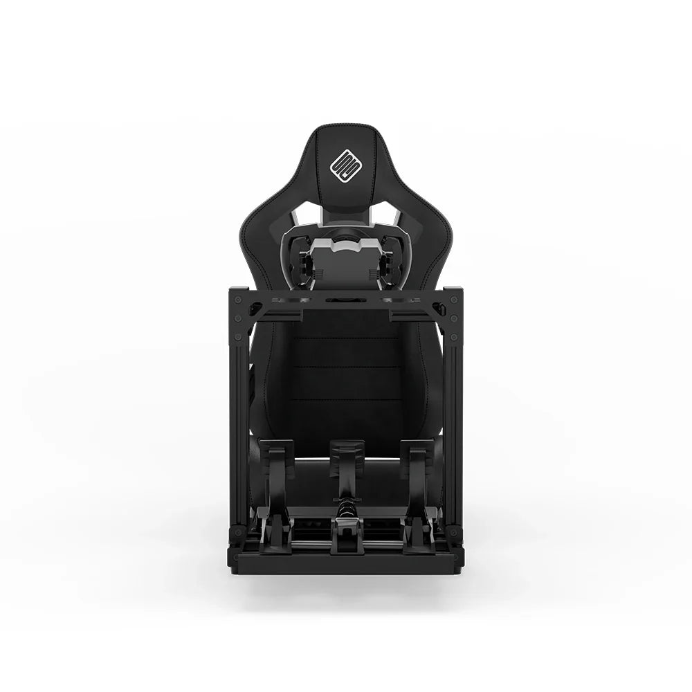 SIMGASM Hobby black sim racing cockpit, black reclining seat and MOZA wheel base, straight front studio view