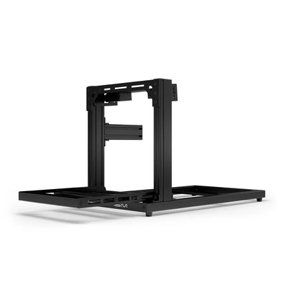 SIMGASM Hobby black sim racing cockpit, bottom-mount wheel deck, end-on studio view