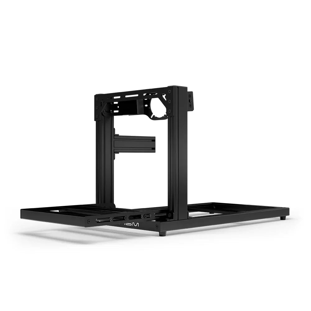 SIMGASM Hobby black sim racing cockpit, front-mount wheel plate, end-on studio view