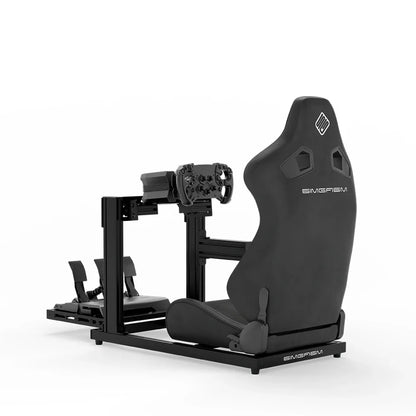 SIMGASM Hobby black sim racing cockpit, black reclining seat and MOZA wheel base, rear three-quarter studio view