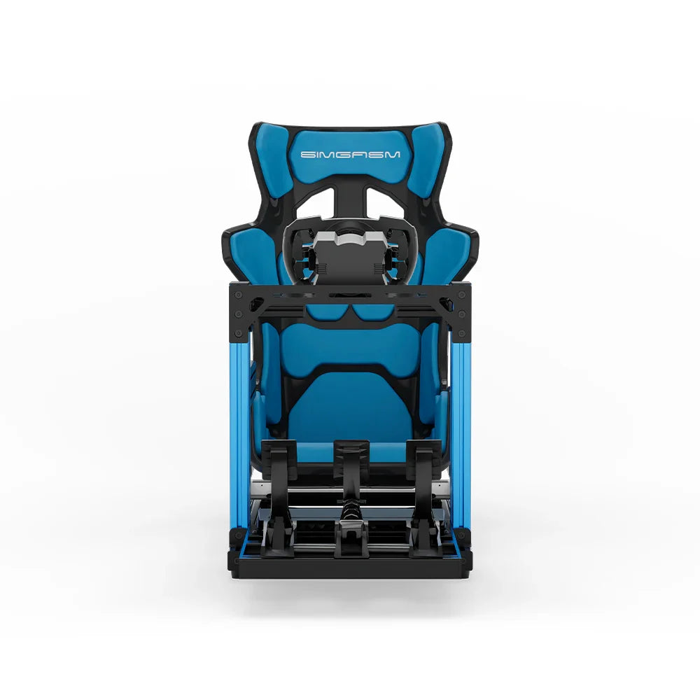 SIMGASM Hobby blue sim racing cockpit, blue GT seat and MOZA wheel base, straight front studio view