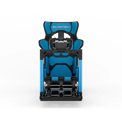 SIMGASM Hobby blue sim racing cockpit, blue GT seat and MOZA wheel base, straight front studio view