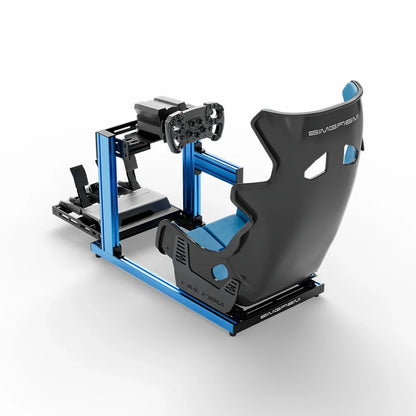 SIMGASM Hobby blue sim racing cockpit, blue GT seat and MOZA wheel base, elevated rear angle, wheel left