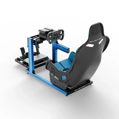 SIMGASM Hobby blue sim racing cockpit, blue Formula seat and MOZA wheel base, elevated rear angle, wheel left