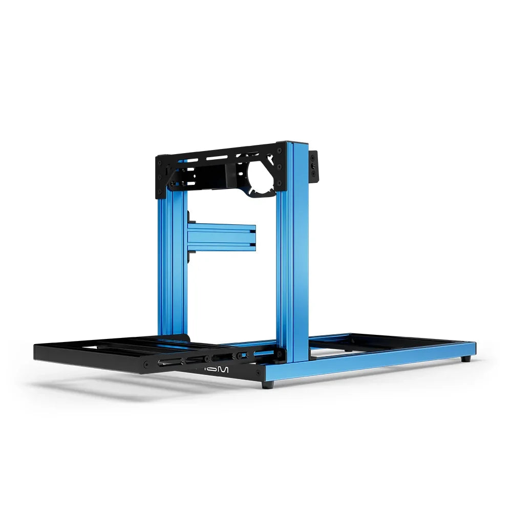 SIMGASM Hobby blue sim racing cockpit, front-mount wheel plate, end-on studio view