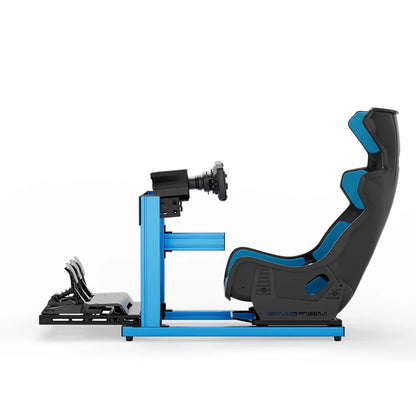 SIMGASM Hobby blue sim racing cockpit, blue GT seat and MOZA wheel base, side-profile studio view