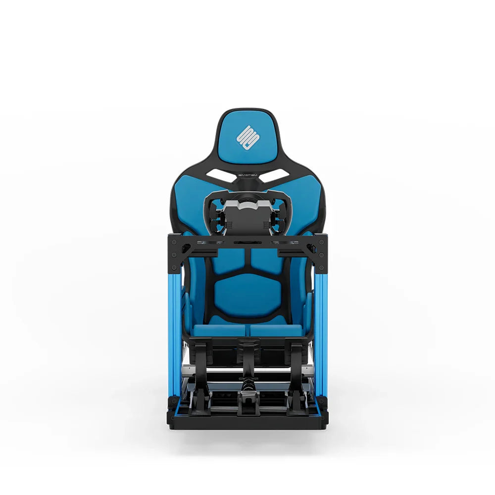 SIMGASM Hobby blue sim racing cockpit, blue Formula seat and MOZA wheel base, straight front studio view
