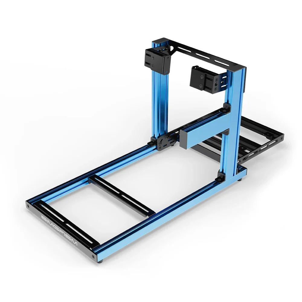 SIMGASM Hobby blue sim racing cockpit, side-mount wheel brackets, shifter-side three-quarter studio view