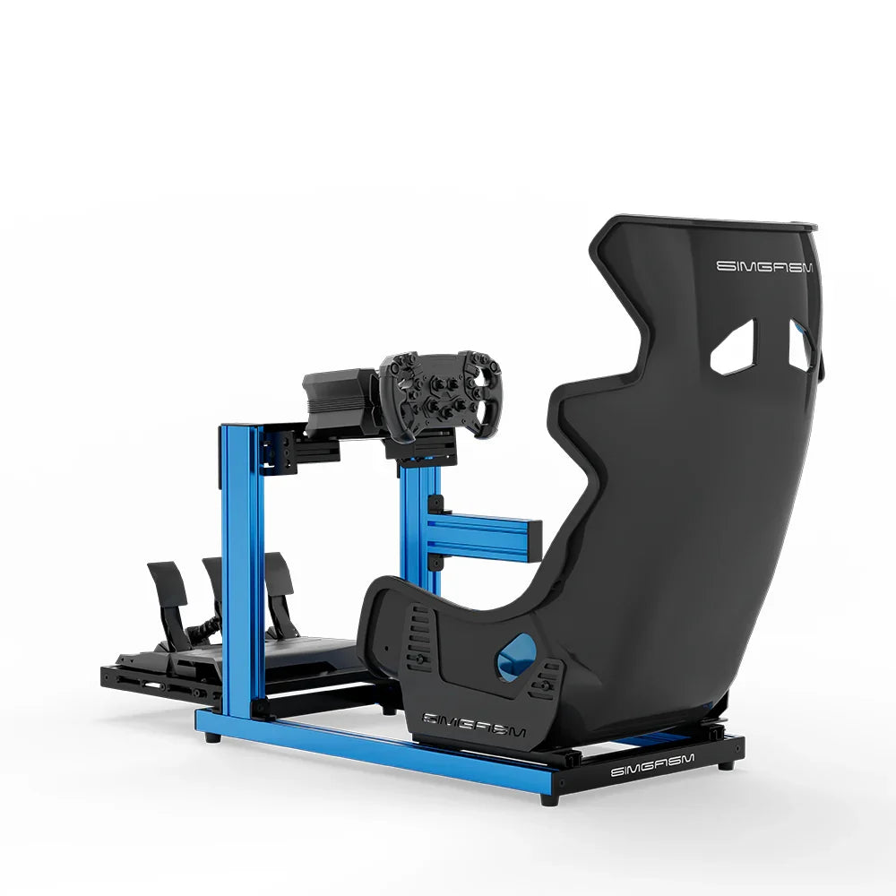 SIMGASM Hobby blue sim racing cockpit, blue GT seat and MOZA wheel base, rear three-quarter studio view