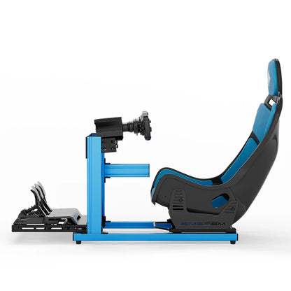 SIMGASM Hobby blue sim racing cockpit, blue Formula seat and MOZA wheel base, side-profile studio view