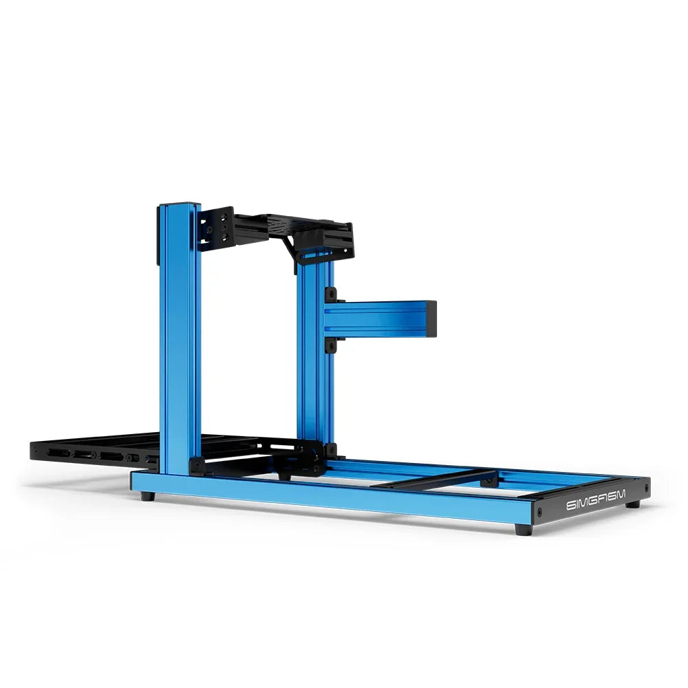 SIMGASM Hobby blue sim racing cockpit, bottom-mount wheel deck, side-profile studio view