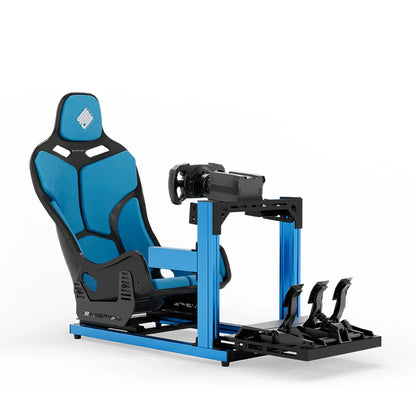 SIMGASM Hobby blue sim racing cockpit, blue Formula seat and MOZA wheel base, front three-quarter studio view