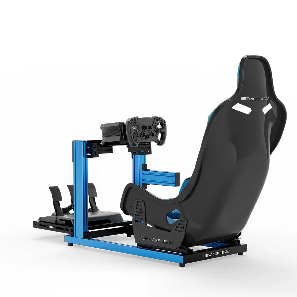 SIMGASM Hobby blue sim racing cockpit, blue Formula seat and MOZA wheel base, rear three-quarter studio view