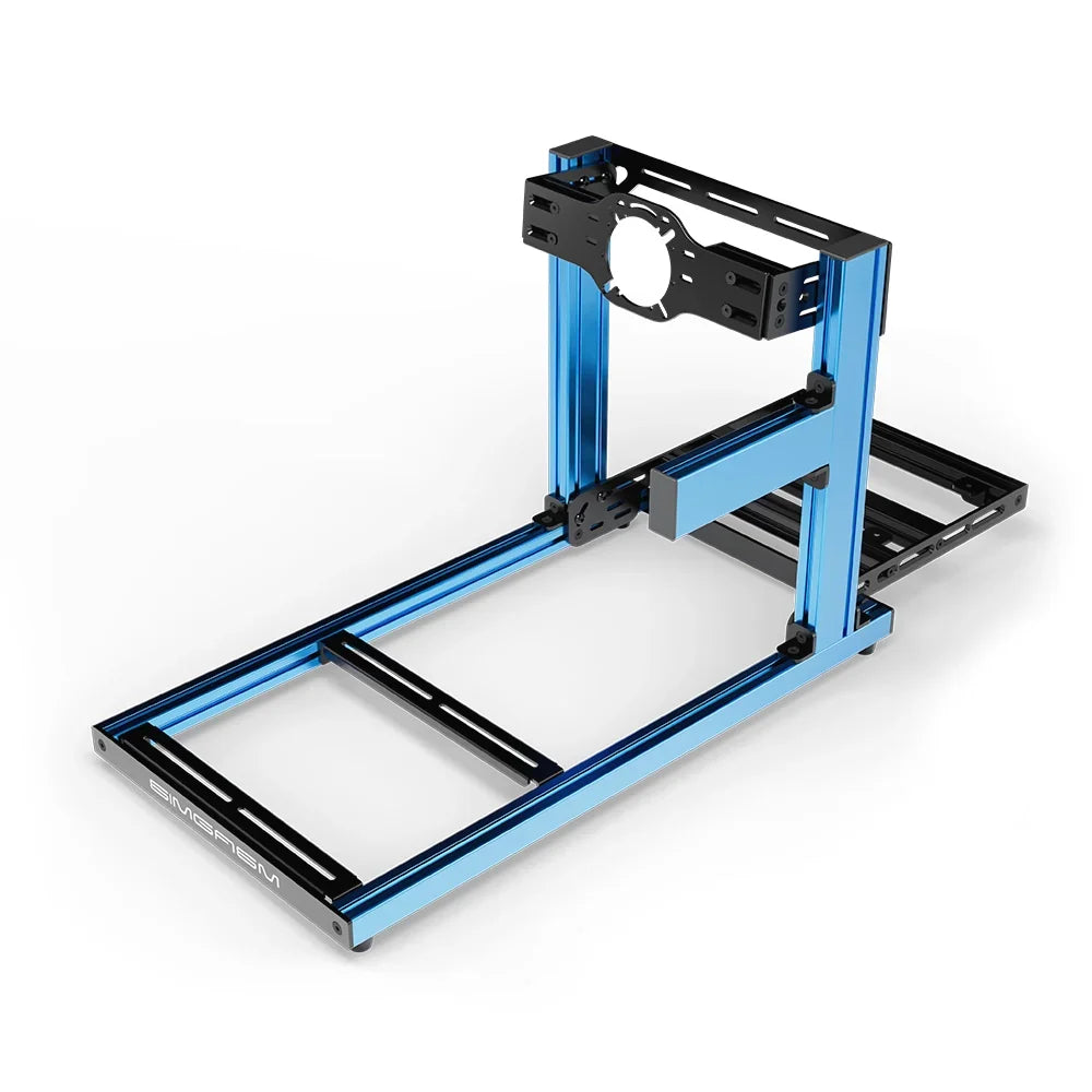 SIMGASM Hobby blue sim racing cockpit, front-mount wheel plate, shifter-side three-quarter studio view