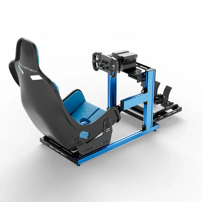 SIMGASM Hobby blue sim racing cockpit, blue Formula seat and MOZA wheel base, elevated rear angle, wheel right