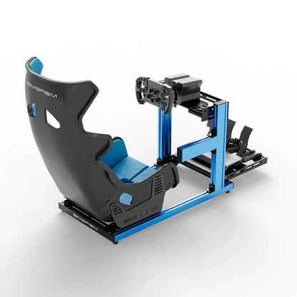 SIMGASM Hobby blue sim racing cockpit, blue GT seat and MOZA wheel base, elevated rear angle, wheel right