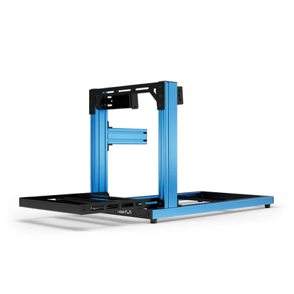 SIMGASM Hobby blue sim racing cockpit, side-mount wheel brackets, end-on studio view