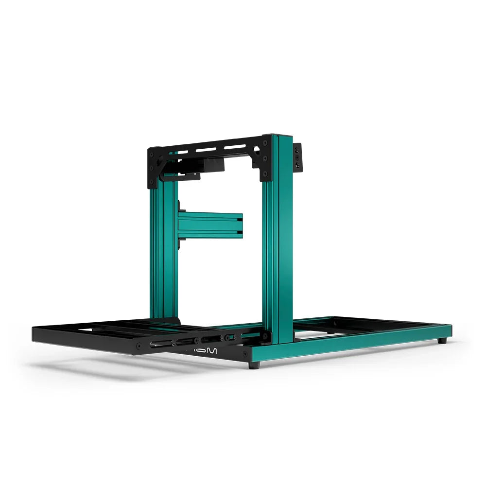 SIMGASM Hobby green sim racing cockpit, bottom-mount wheel deck, end-on studio view