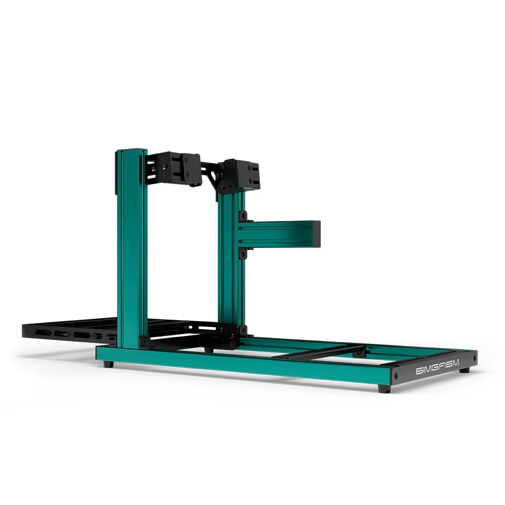 SIMGASM Hobby green sim racing cockpit, side-mount wheel brackets, side-profile studio view