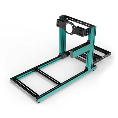 SIMGASM Hobby green sim racing cockpit, front-mount wheel plate, shifter-side three-quarter studio view
