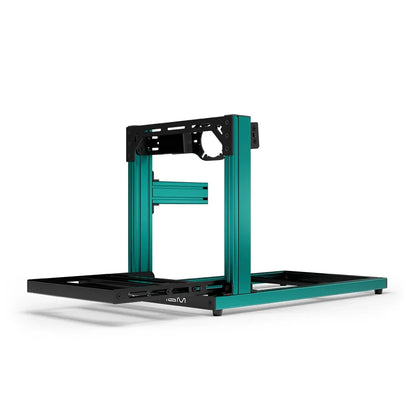 SIMGASM Hobby green sim racing cockpit, front-mount wheel plate, end-on studio view