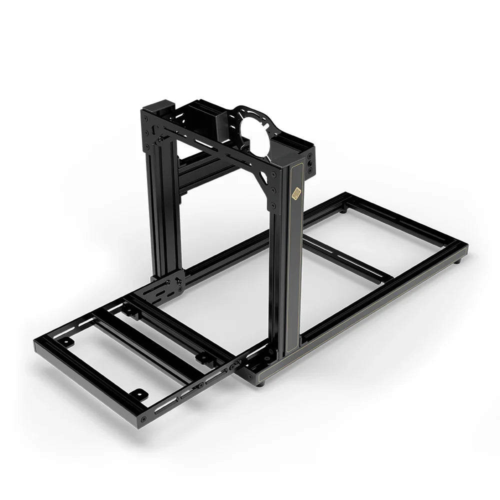SIMGASM Hobby JPS sim racing cockpit, front-mount wheel plate, pedal-end three-quarter studio view