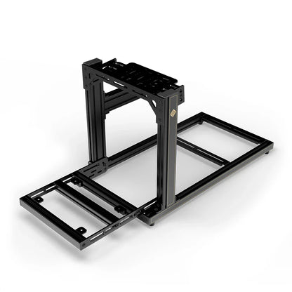 SIMGASM Hobby JPS sim racing cockpit, bottom-mount wheel deck, pedal-end three-quarter studio view