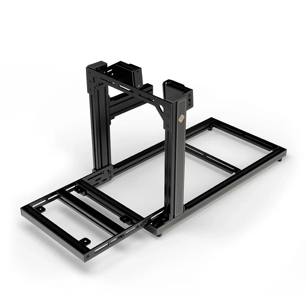 SIMGASM Hobby JPS sim racing cockpit, side-mount wheel brackets, pedal-end three-quarter studio view