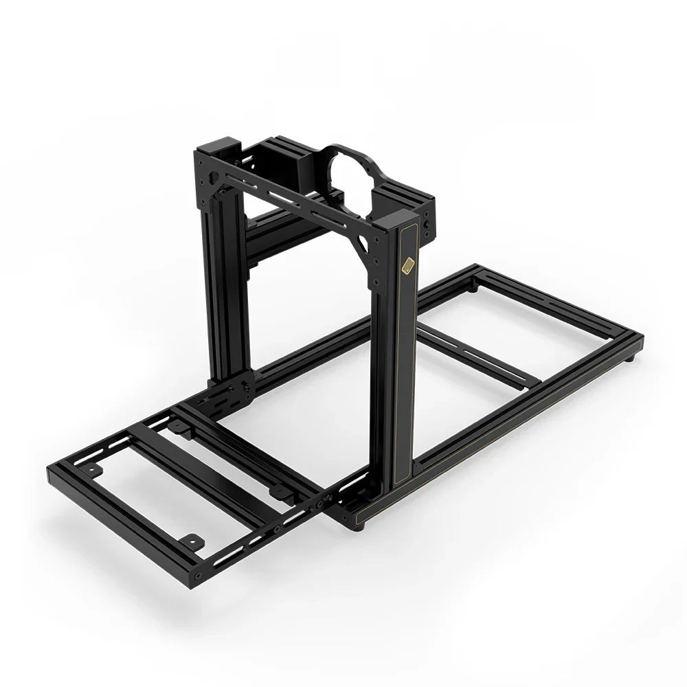 SIMGASM Hobby JPS sim racing cockpit, arched wheel-mount plate, pedal-end three-quarter studio view