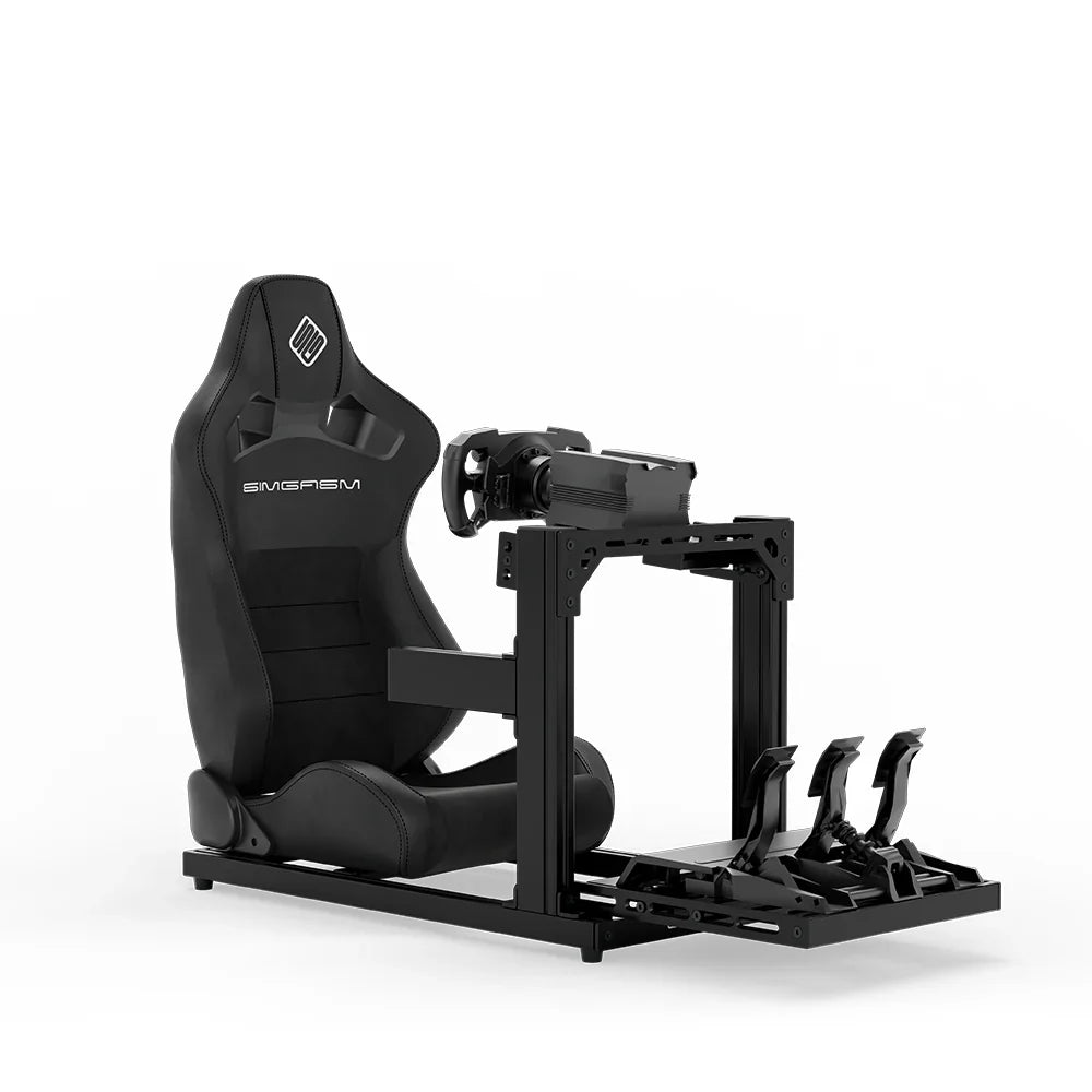 SIMGASM Hobby JPS sim racing cockpit, black reclining seat and MOZA wheel base, front three-quarter studio view