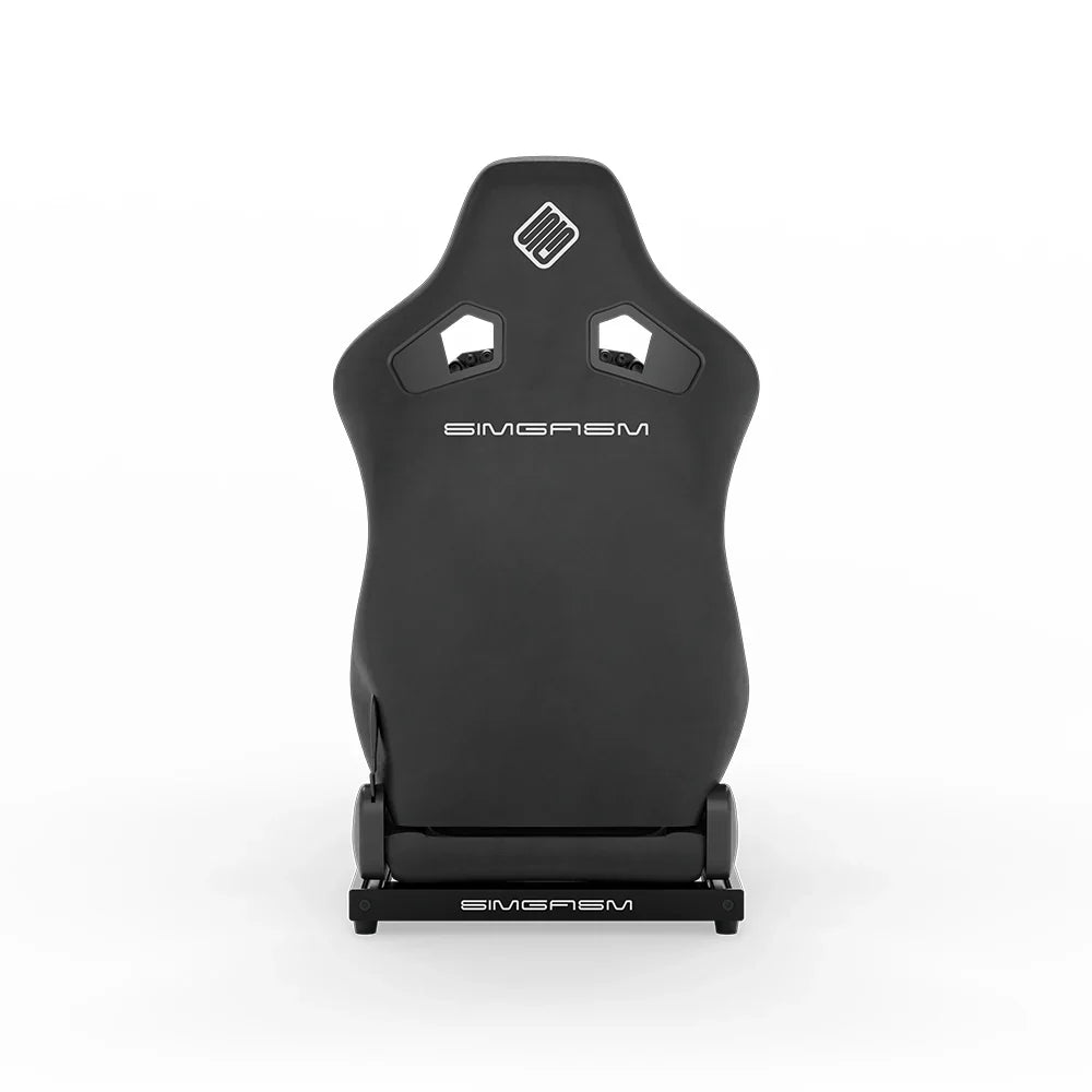 SIMGASM Hobby JPS sim racing cockpit, black reclining seat, rear view of seat shell