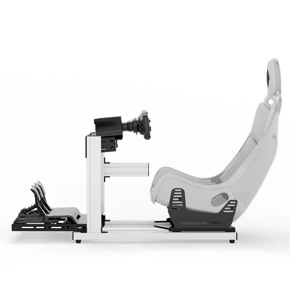 SIMGASM Hobby Marini sim racing cockpit, white Formula seat and MOZA wheel base, side-profile studio view