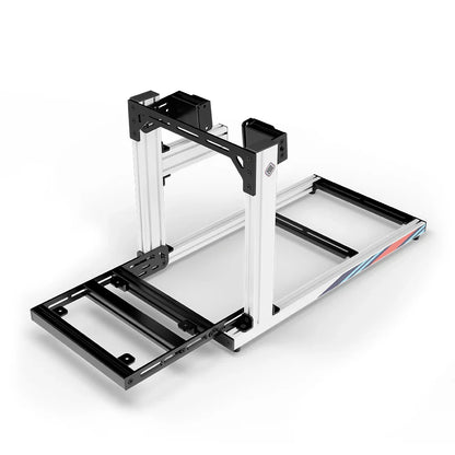 SIMGASM Hobby Marini sim racing cockpit, side-mount wheel brackets, pedal-end three-quarter studio view