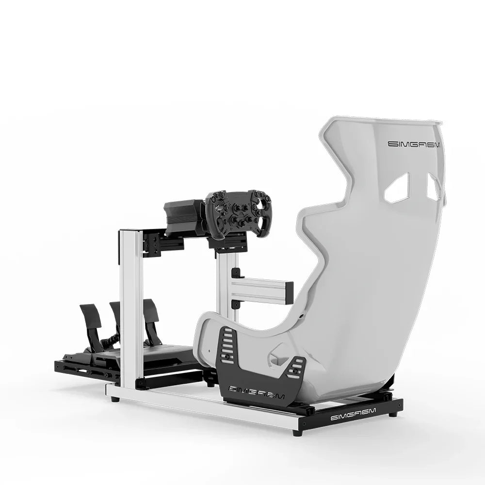 SIMGASM Hobby Marini sim racing cockpit, white GT seat and MOZA wheel base, rear three-quarter studio view