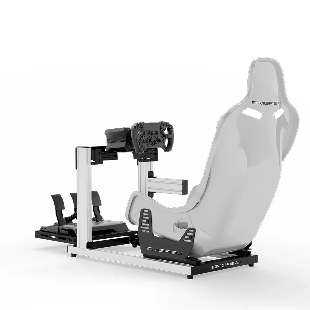 SIMGASM Hobby Marini sim racing cockpit, white Formula seat and MOZA wheel base, rear three-quarter studio view