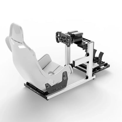SIMGASM Hobby Marini sim racing cockpit, white Formula seat and MOZA wheel base, elevated rear angle, wheel right