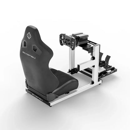 SIMGASM Hobby Marini sim racing cockpit, black reclining seat and MOZA wheel base, elevated rear angle, wheel right