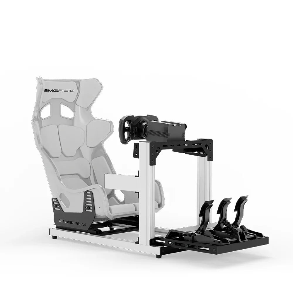 SIMGASM Hobby Marini sim racing cockpit, white GT seat and MOZA wheel base, front three-quarter studio view