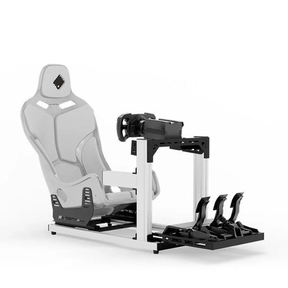 SIMGASM Hobby Marini sim racing cockpit, white Formula seat and MOZA wheel base, front three-quarter studio view