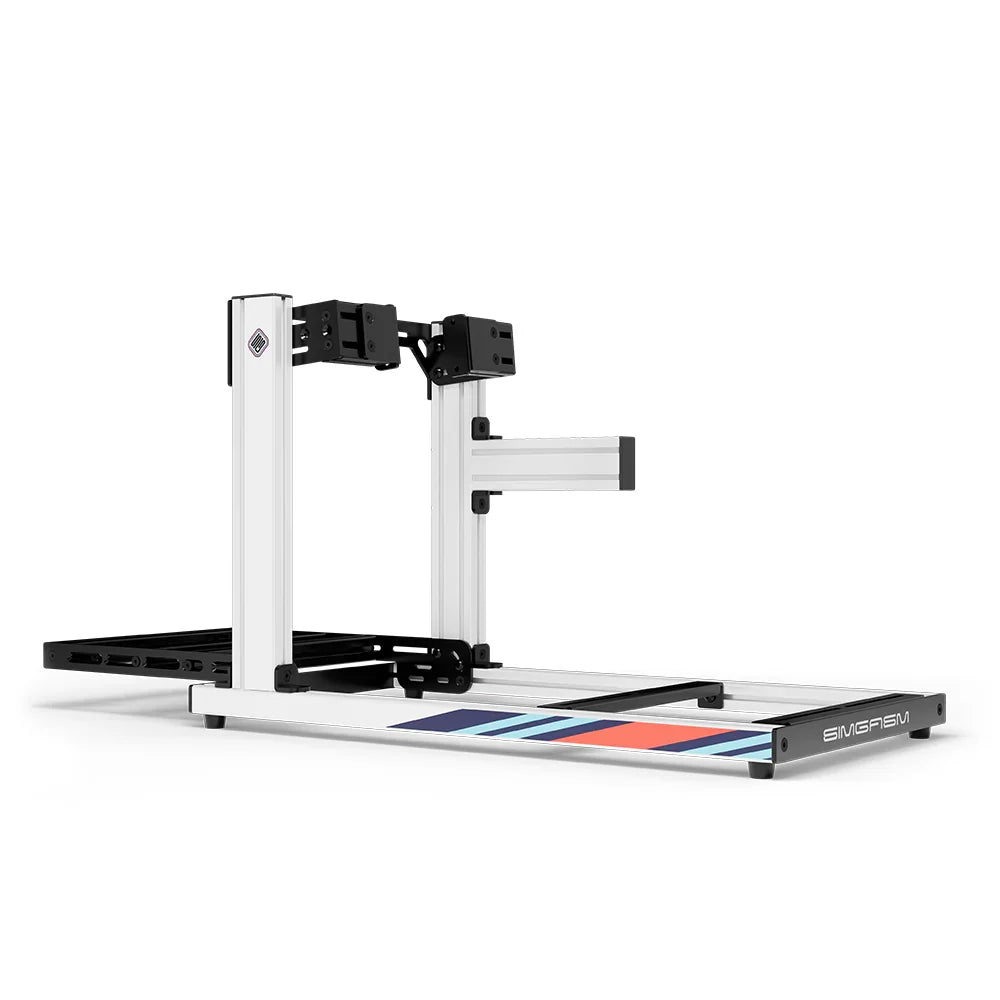 SIMGASM Hobby Marini sim racing cockpit, side-mount wheel brackets, side-profile studio view