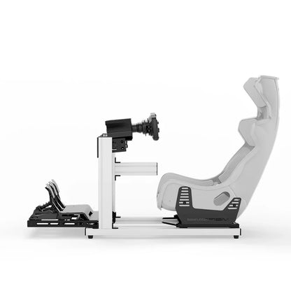 SIMGASM Hobby Marini sim racing cockpit, white GT seat and MOZA wheel base, side-profile studio view